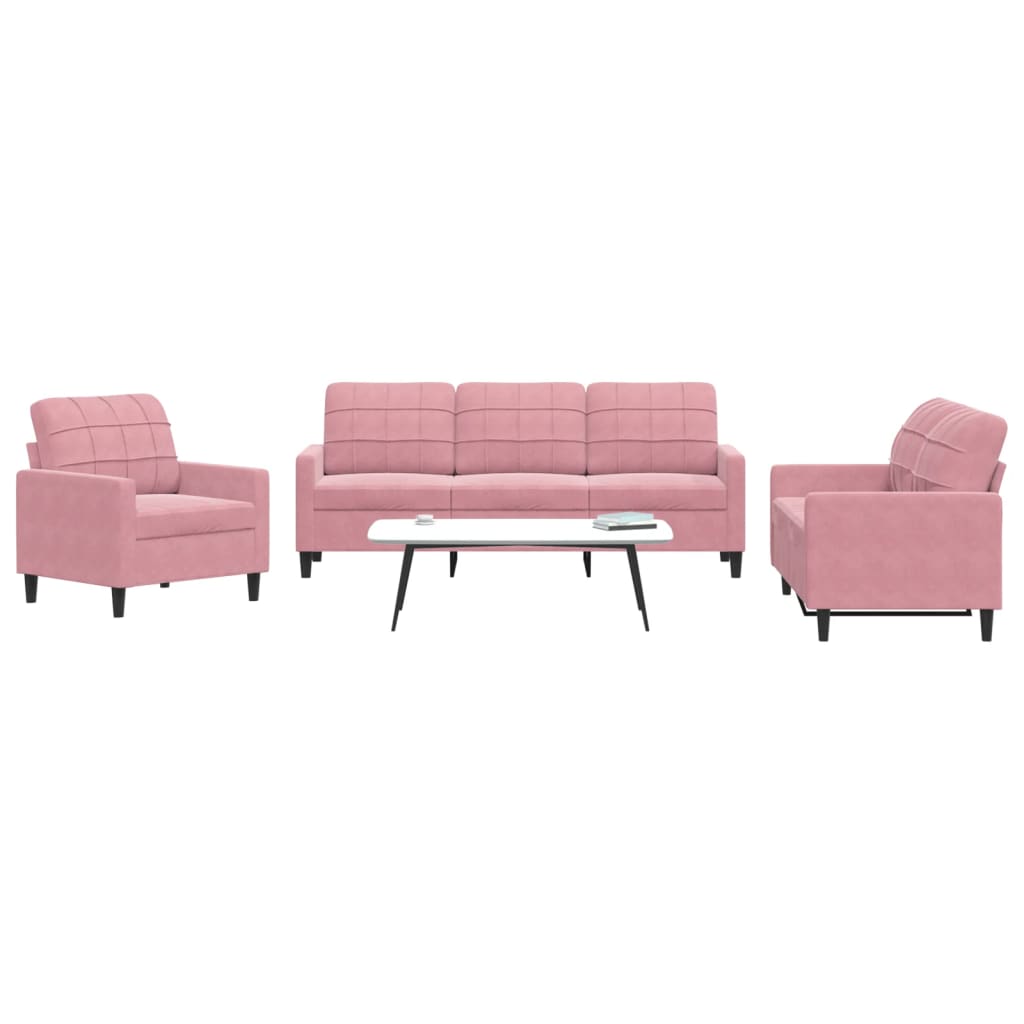 3 Piece Sofa Set with Cushions Pink Velvet