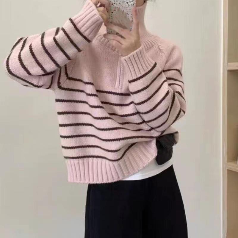 Half Zipper Striped Pullover Sweater Women's Loose Short Lazy Style Versatile Knitted Sweater Autumn and Winter New