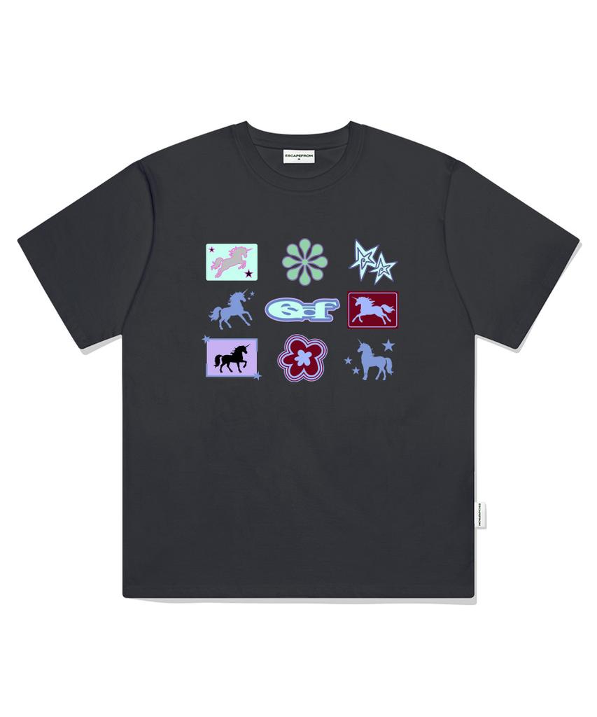 ESCAPEFROM Unicorn Bingo Print Oversized Short Sleeve T-Shirt Charcoal