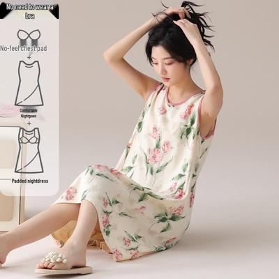 Cute Cartoon Summer Cotton Nightgown with Removable Pads for Women