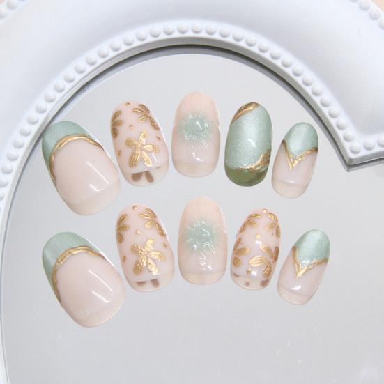 Green Eyes Tips Press On Nails Cat Oval FALSE Nails with