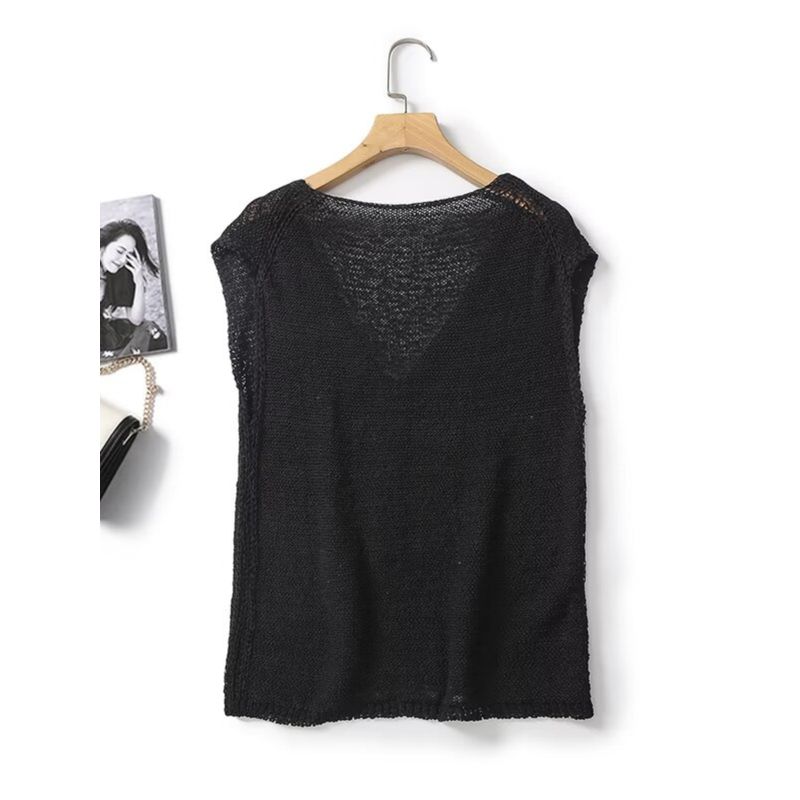 Md2024 Women Clothes Minimalist Black Fashionable Overlapping V-neck Sleeveless Knitted Sleeveless T-shirt Top 05627676800