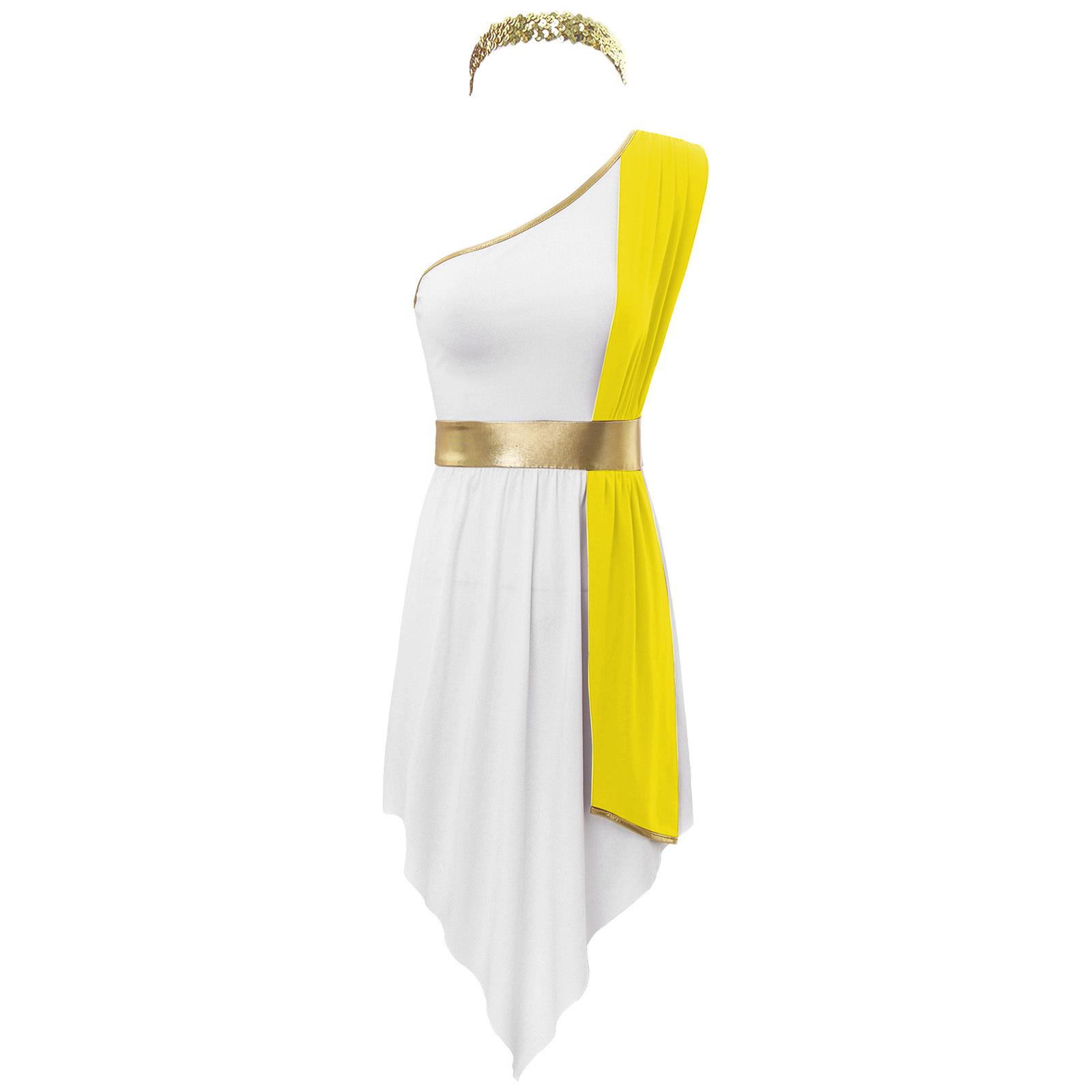 

Жіночий греко-римський костюм на одне плече без рукавів, кольоровий блок, нерегулярний поділ, блискітки, пов язка на голову, вечірнє вбрання S жовтий