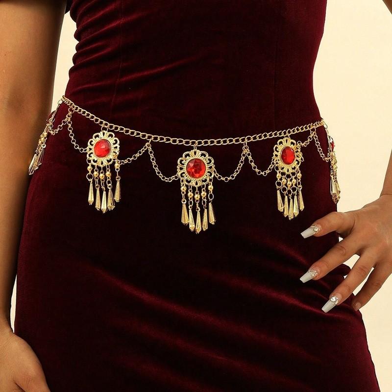 Ethnic Red Bohemian Acrylic Gemstone Fringe Waist Chain With Flower Pendant