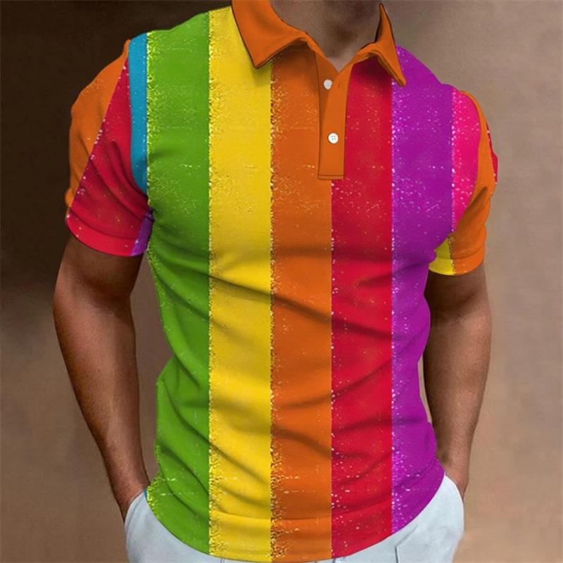 Full Print Fashion Polo Shirt For Men Summer Short Sleeve Button Collar Colorful Stripe Pattern Shirt New In Men's Tennis Tshirt