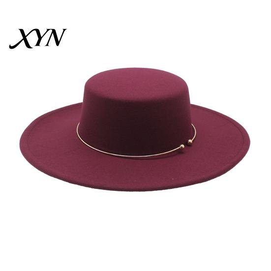 Classic Wide Brim Hat Retro Flat Top Hat, Wool Felt Pork Pie Bowler with Travel Vacation Fashion Metal Ring, Trilby for Women Men Autumn Winter Casual