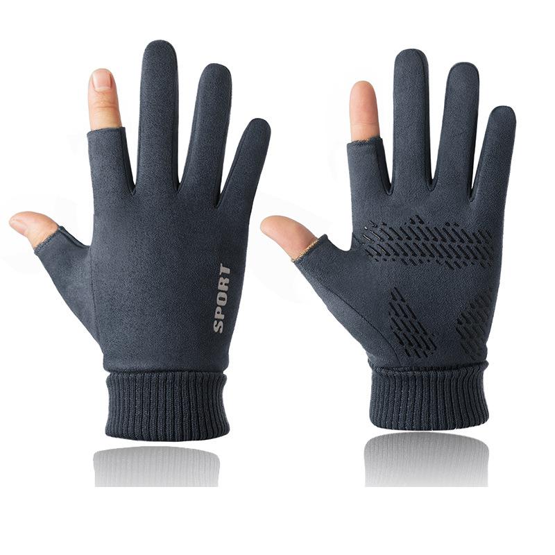 Winter Suede Gloves Sports Riding Motorcycle Half Finger Fleece Thickened Leaky Two Finger Men's Warm Gloves