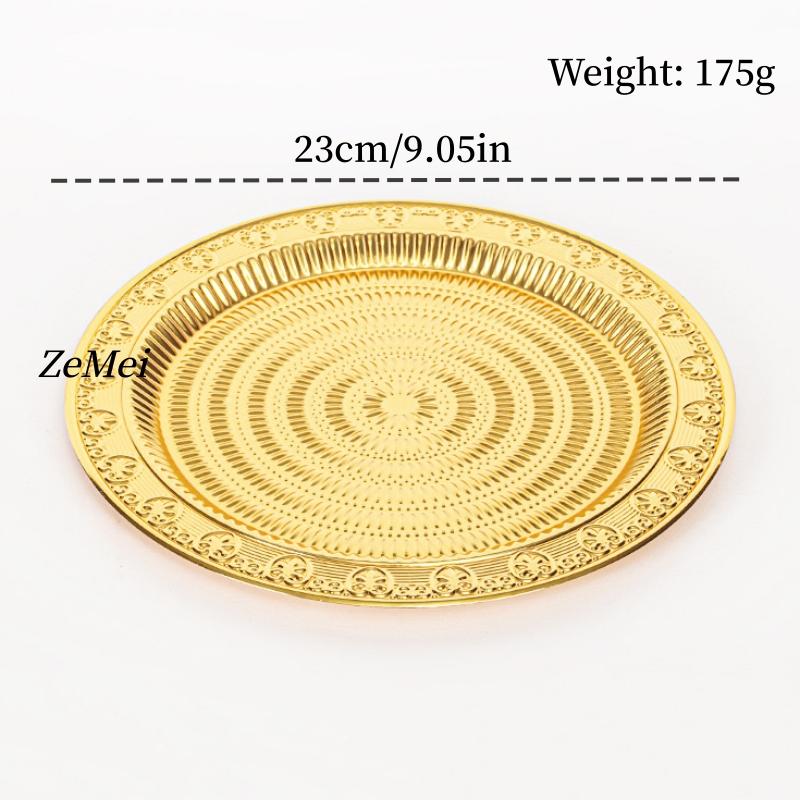 Round Fruit Plate,European-Style Exquisitely Carved Ripple Texture Metal Cake Tray,Dessert Living Room Snack Plate Decoration