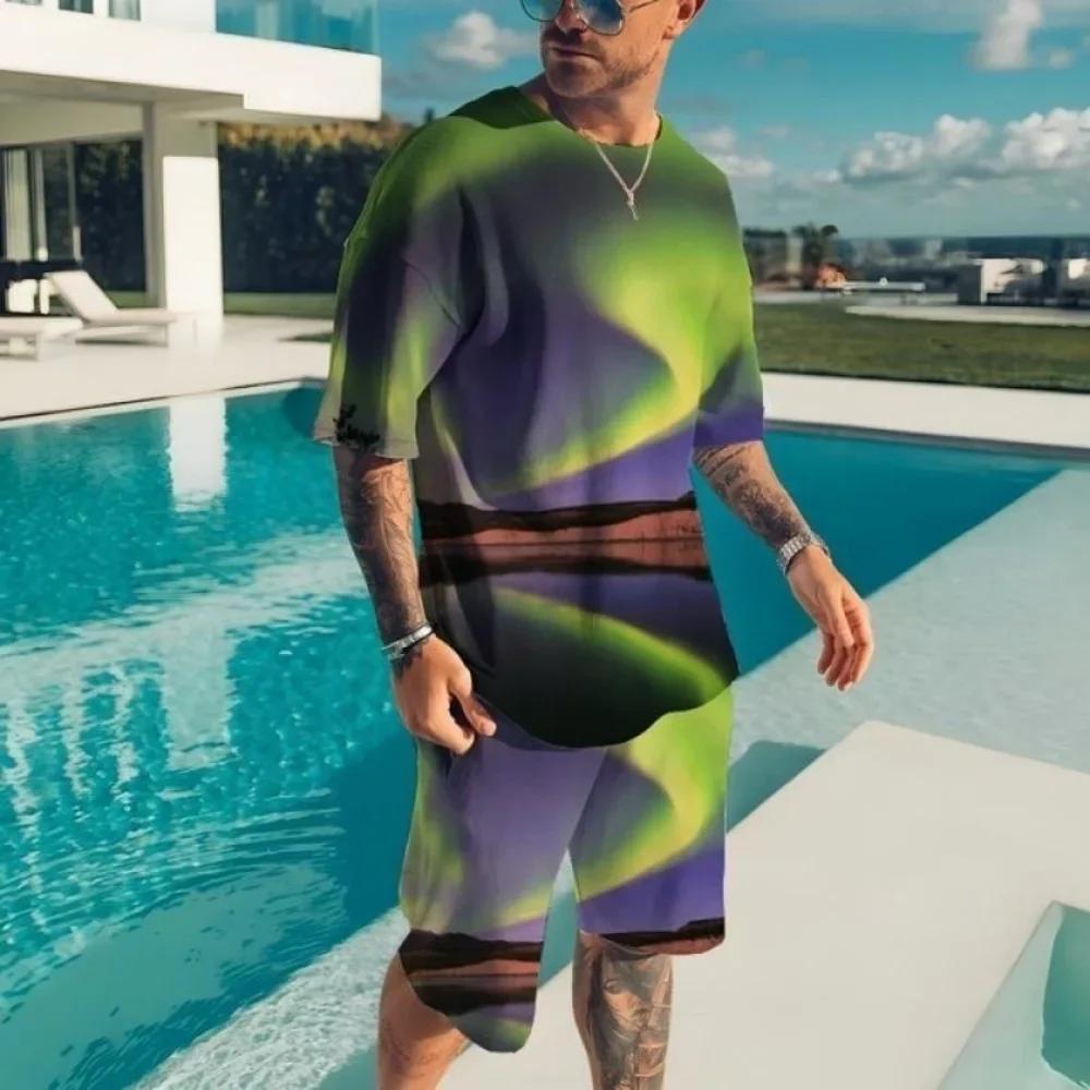 Men's Casual Sports Set Short Sleeve and Shorts Two-Piece Fashion Geometric Pattern Summer Daily Wear Comfortable Breathable