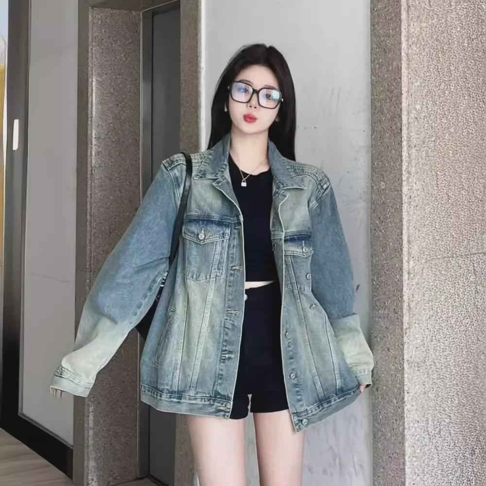 Damska kurtka dżinsowa oversize w stylu amerykańskim retro, sprana - styl BF, niszowy top roboczy na wiosnę i jesień