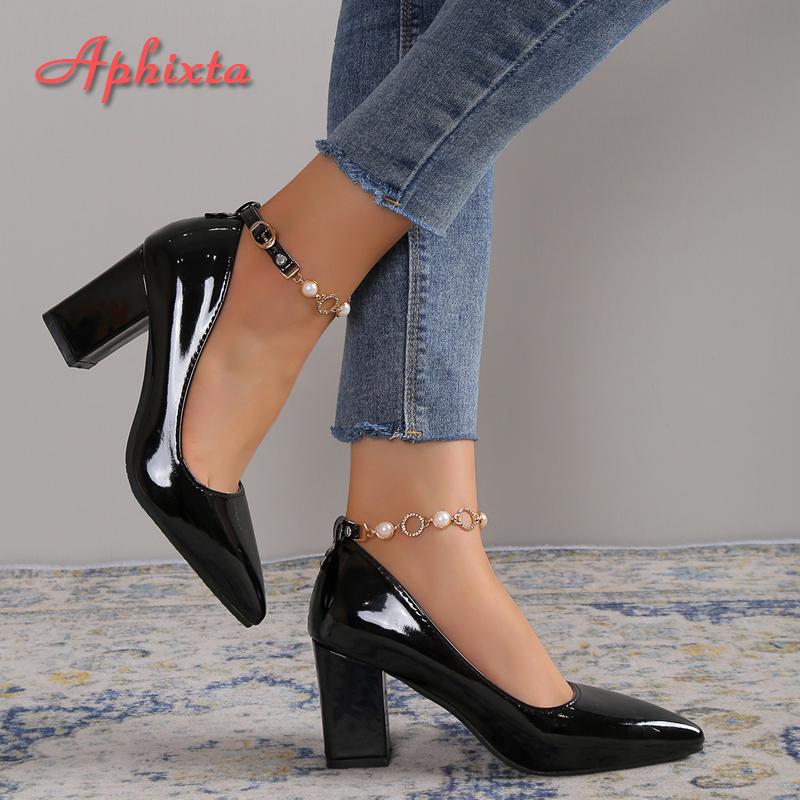 Fashion Aphixta Hot Sale Pumps Women Shoes Luxury Pearl Crystals Chain Buckle Strap 7cm Chunky Heel Parent-child Students Big Size 30-46