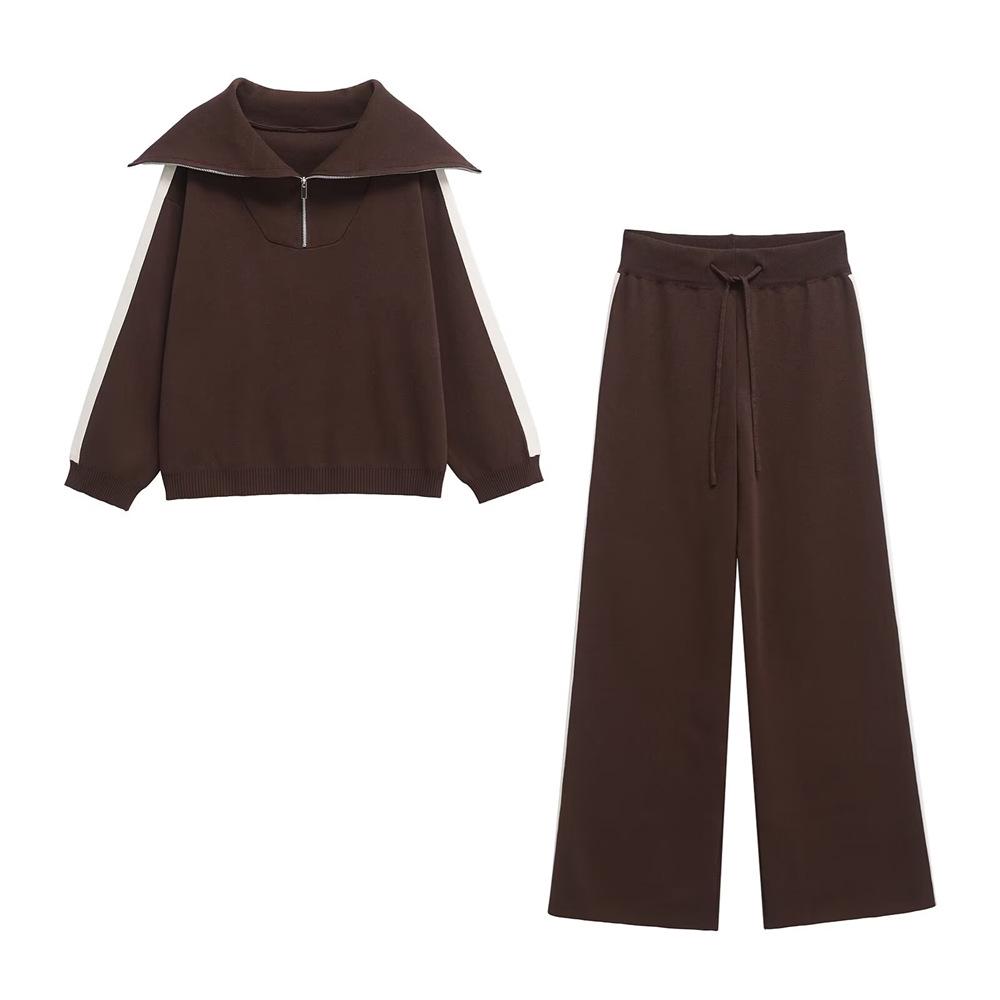 

2025 Spring Women s Striped Patchwork Knitted Sweatshirt & High-Waisted Straight-Leg Pants Set M