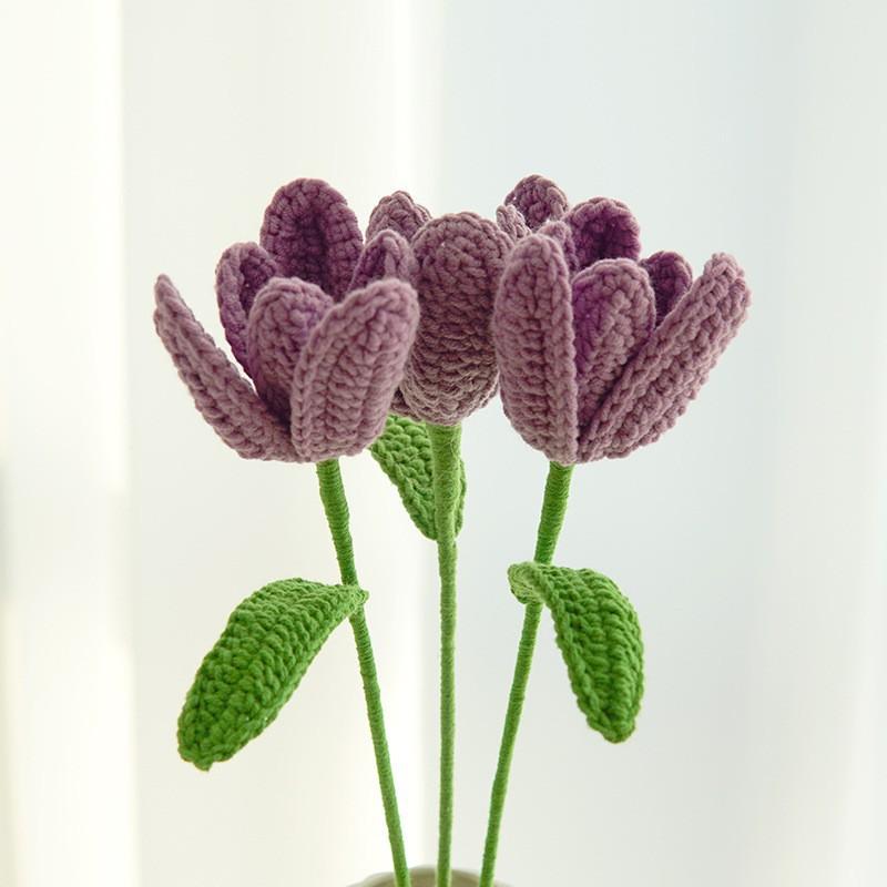 Crochet Tulip Flowers Bouquet Diy Handmade Woven Bouquets Hand Woven Flowers For Mother'S Day Birthday Gifts Wedding Decor
