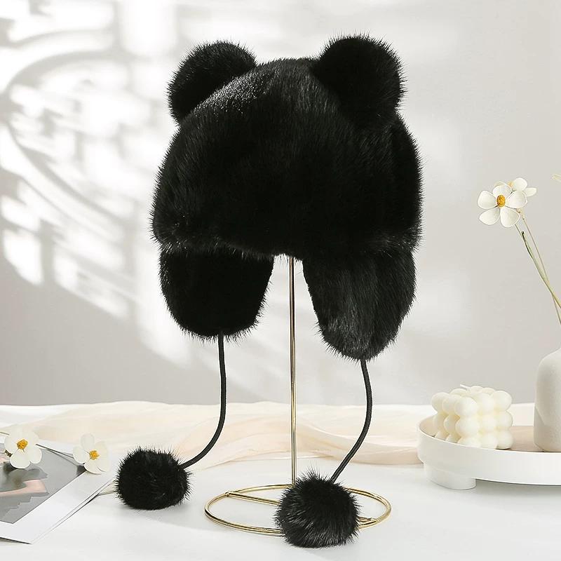 

New Mink Leather Hat Women s Winter Warmth Children s Cute Cat Ears Ear Protection Real Mink Fur Hat Adult（56-60cm） чорний