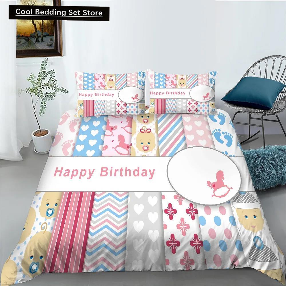Cartoon Animal Happy Birthday King Queen Duvet Cover Cute Lion Bedding Set Kids Boys Girls Elephant 2/3Pcs Polyester Quilt Cover