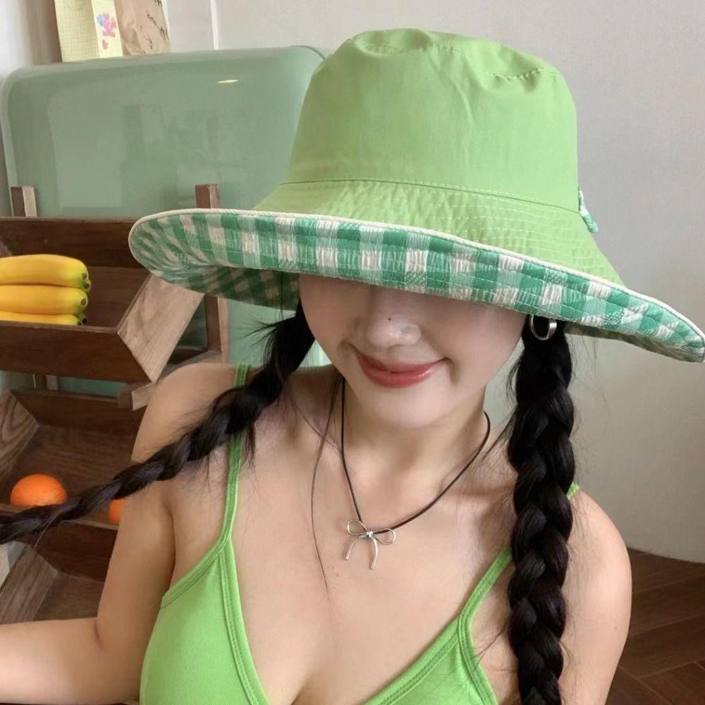 Sunscreen Hiking Fisherman Hat Big Brim Plaid Hiking Cap Fashion Drawstring Sun Hat Fishing