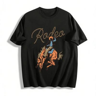 Cowboy de rodéo à cheval Impression Vintage Décontracté Manches Courtes Haut T-shirt 100% Coton