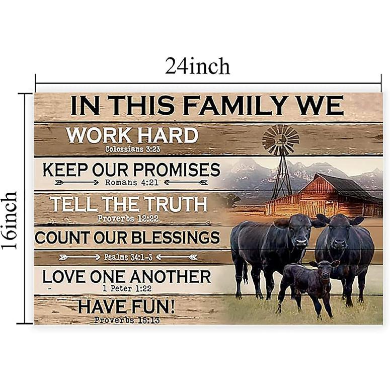 In This Family Black Angus Cattle Poster Cattle Wall Art Canvas Farmhouse Cow Wooden Rustic Inspirational Quotes Art Prints Vintage Themed