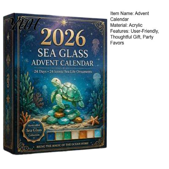 Festive Desktop Ornaments Sea Glass Marine Life Advent Calendar, 24 Day Countdown Box Home Decor with Ocean Animal Acrylic Ornaments, Tree Hanging