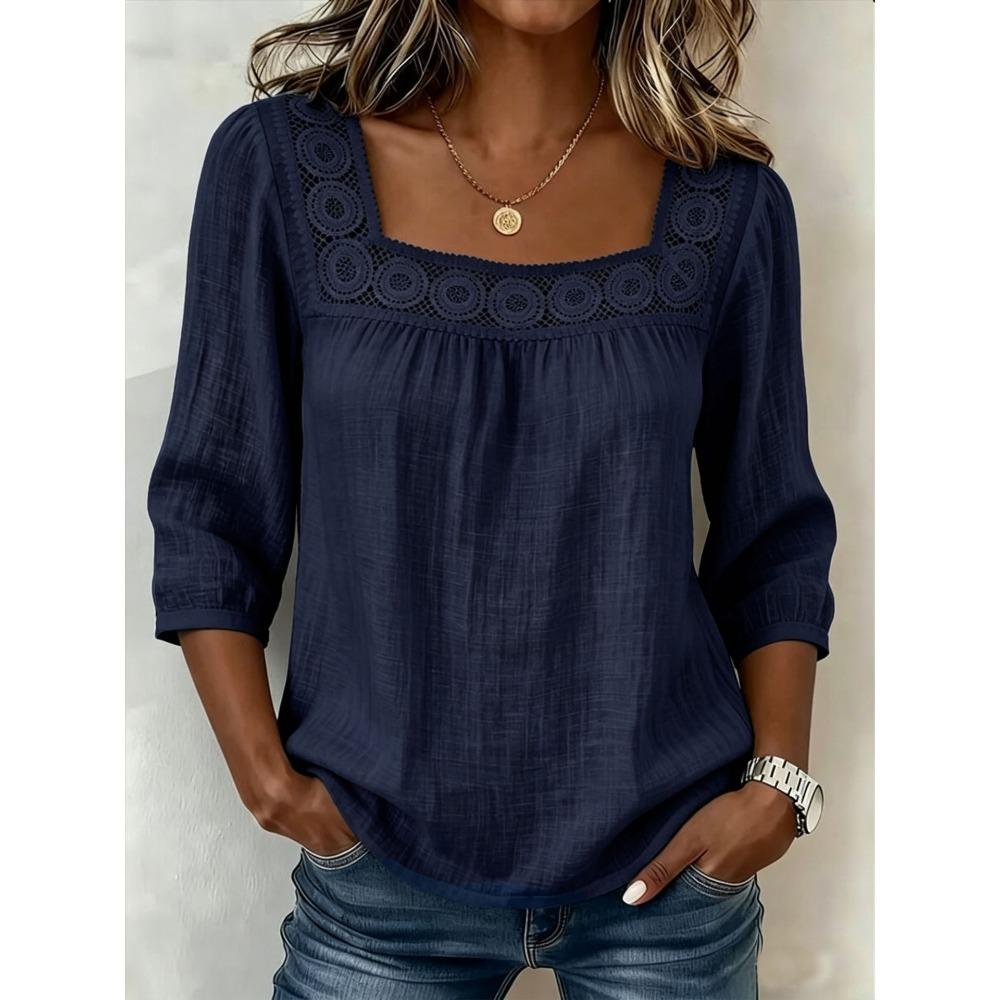 Dames Zomer Effen Kleur Casual Vierkante Hals Kant Ingezet 3/4 Mouw Top