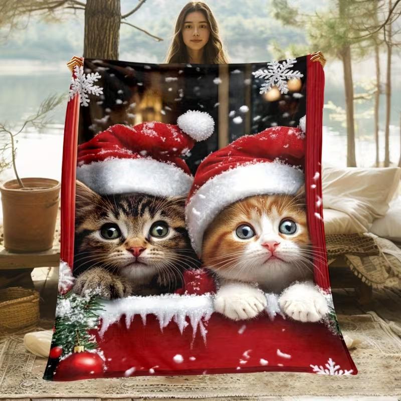 Cute Christmas Orange Cat Blanket Wearing Santa Hat Soft Cozy Warm Bed Couch Blanket Animal Print Holiday Home Decor