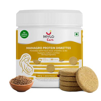 Mylo Care MamaGro Protein Diskettes | High Protein Snack for Pregnant Women | Supports Baby Growth, Placenta Development & Daily Nutrition | 250g