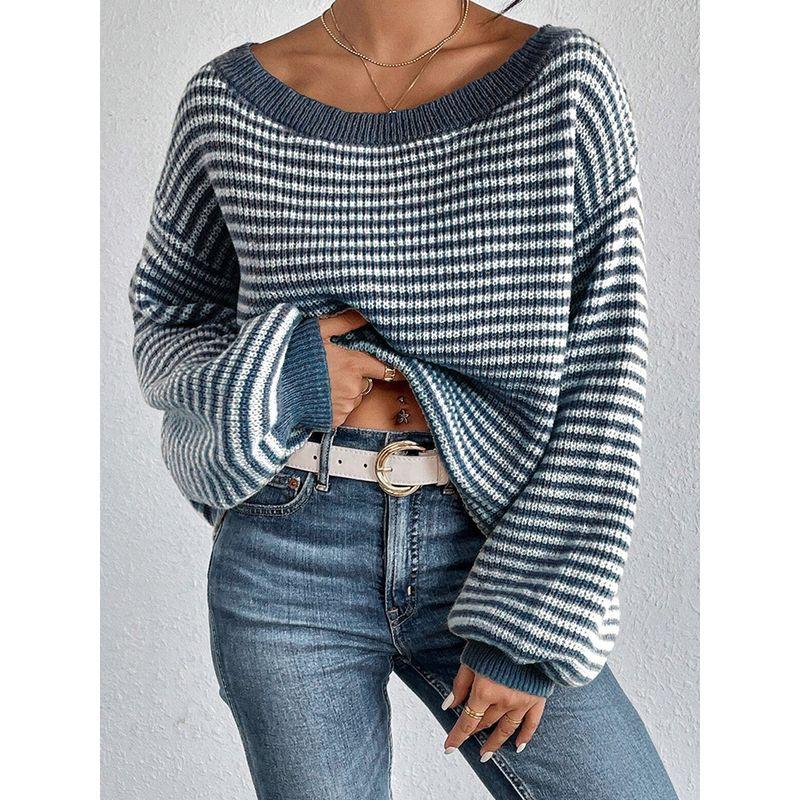 2025 Fashion Loose and Lazy Style Drop Shoulder Stripes Sweater Women Winter New Arrival Thermal Knitting Pullover Tops Women