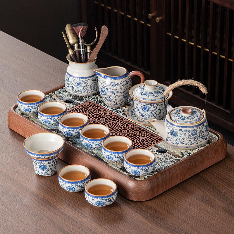 Retro blue and white Ru kiln kung fu tea set, home office ceramic teapot, teacup, tea table, a complete set