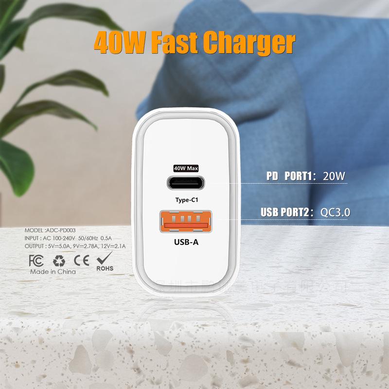 40W Fast Charger Type-C+USB, EU/UK Plug, PD25W+QC3.0