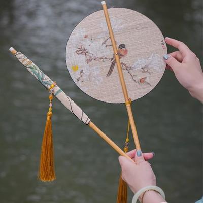 Vintage Folding Bamboo Fan Handmade Non Heritage Song Style Tassel Waist Fan Portable Dance Fan