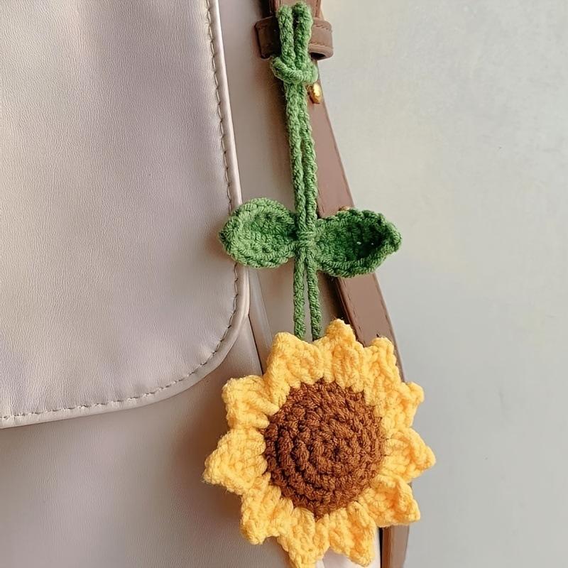 Handmade Crochet Sunflower Keychain With Green Leaf Charm For Backpack Decor Daily Use Gift For Sunflower Fans