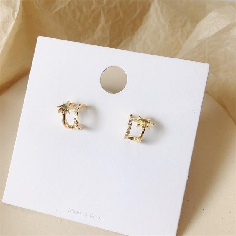 Cercei cu știfturi dublu, placat cu argint S925, cu știfturi duble, în stil coreean, cu temperament simplu, în jumătate de cerc, cercei cu stea cu opt colțuri.