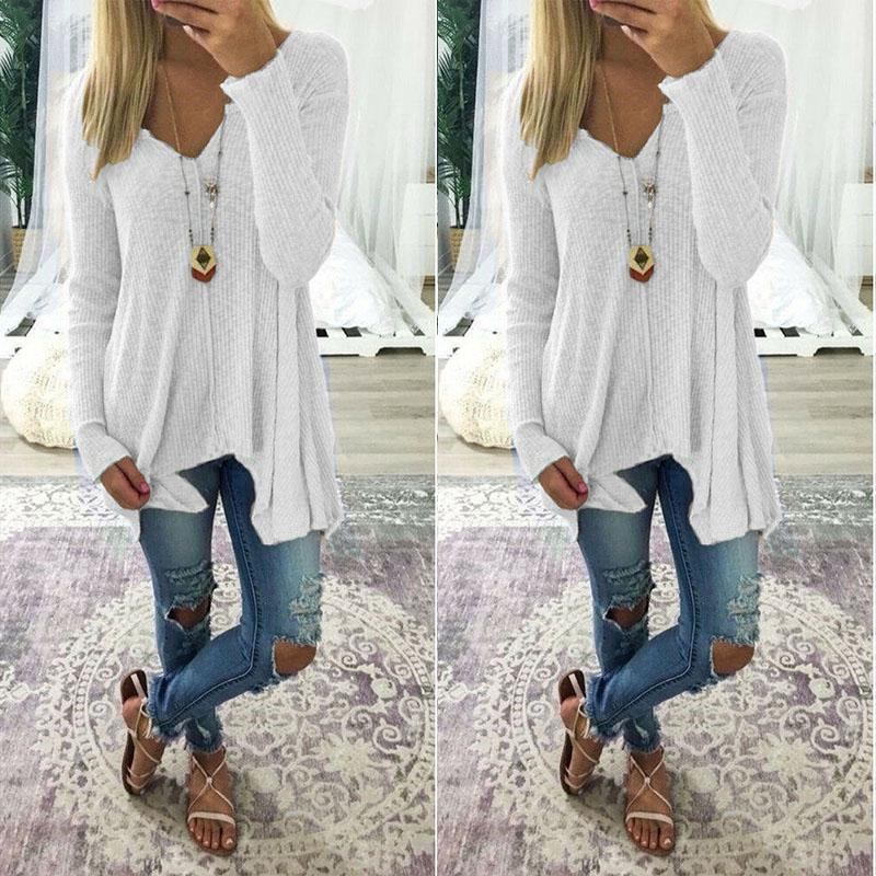 

Women Plus Size Long Sleeve Loose Blouse Baggy Tops Holiday V Neck Tunic T Shirt S белый
