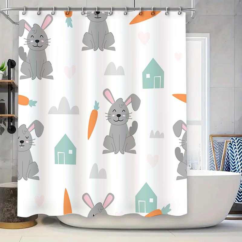 

Adorable Bunny Rabbit Carrot Shower Curtain For Bathroom Decor Pastel Colors Design With Blue House Shapes, Perfect Gift Idea! W60H190(CM)-1 Pcs