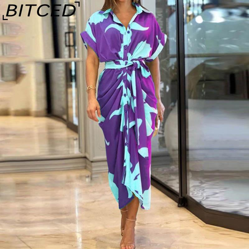 BITCED Damen Hemdkleid mit Kragen, mittellang, kurzärmelig, einreihig, hoch tailliert, Frühling