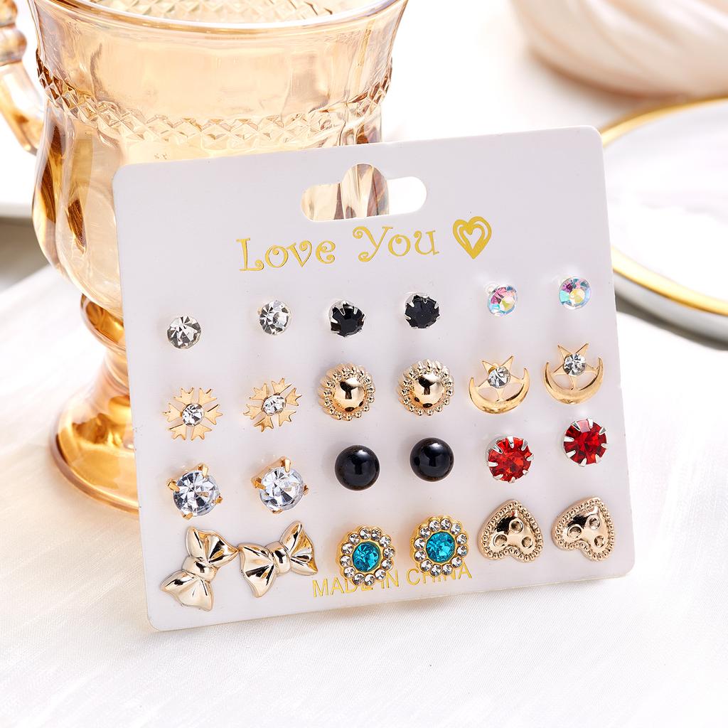 12Pairs Combination Earrings Set for Women Flower Heart Star Moon Sun Small Rhinestone Stud Earring Party Jewelry Gift