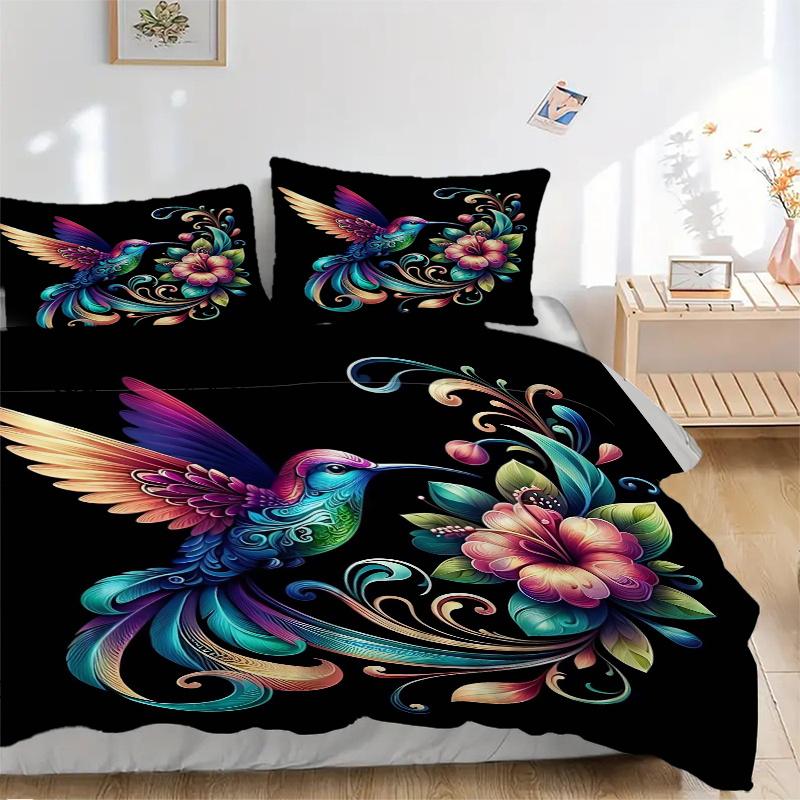 3pcs Colorful Hummingbird with Floral Fantasy Bedding Set, Including Without Filling, Soft and Comfortable Home Bedroom J016