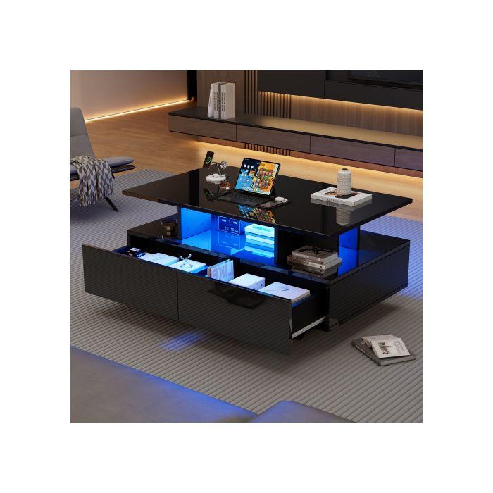 Konferenční stolek - MUVOE - Moderní - LED osvětlení - 2 zásuvky - Lesklý 90x55x41 cm