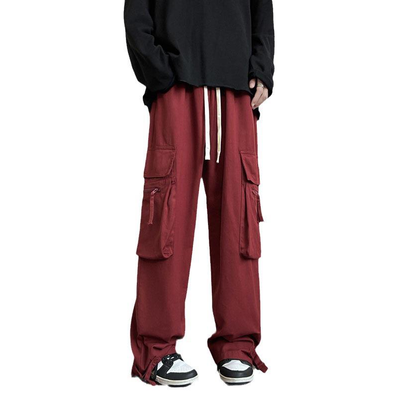 Men's Autumn Red Hip-Hop Wide Leg Overalls - Trendy, Loose, Casual Straight Pants.