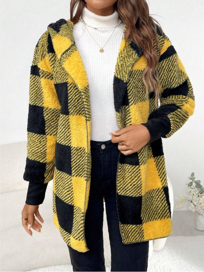 Women's Autumn/Winter Hooded Plaid Plush Cardigan Jacket