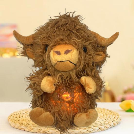 Baby Breathing Highland Cow Plush Toy with Soothing Music Light Musical Cattle Plushie Stuffed Animal Calming Doll Soother Newborn Infant