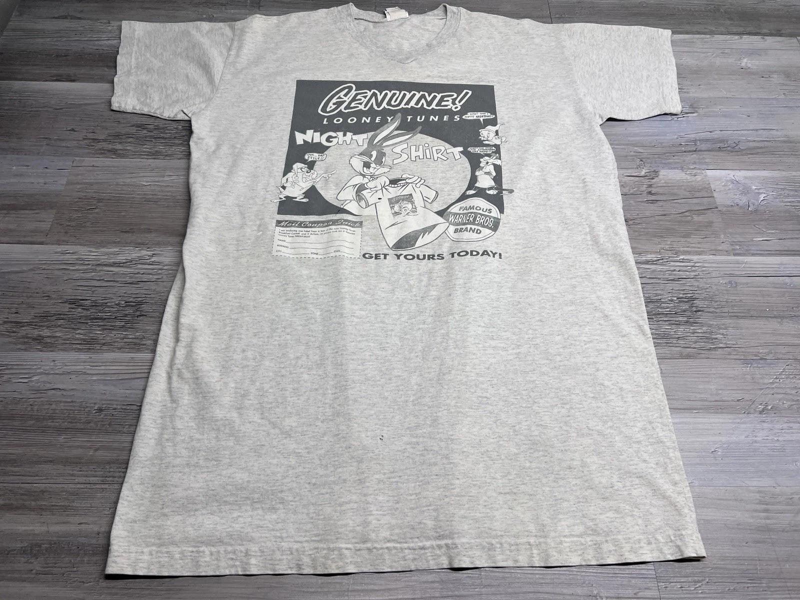 

Vintage 90s Looney Tunes Tee Bugs Bunny Genuine Night Shirt OSFA Tweety Taz Gray 3XL