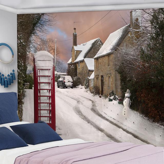 Tapisserie murale à suspendre avec paysage de neige et sapin de Noël, flocon de neige, maison, cadeau de vacances, décoration d'intérieur psychédélique rétro bohème