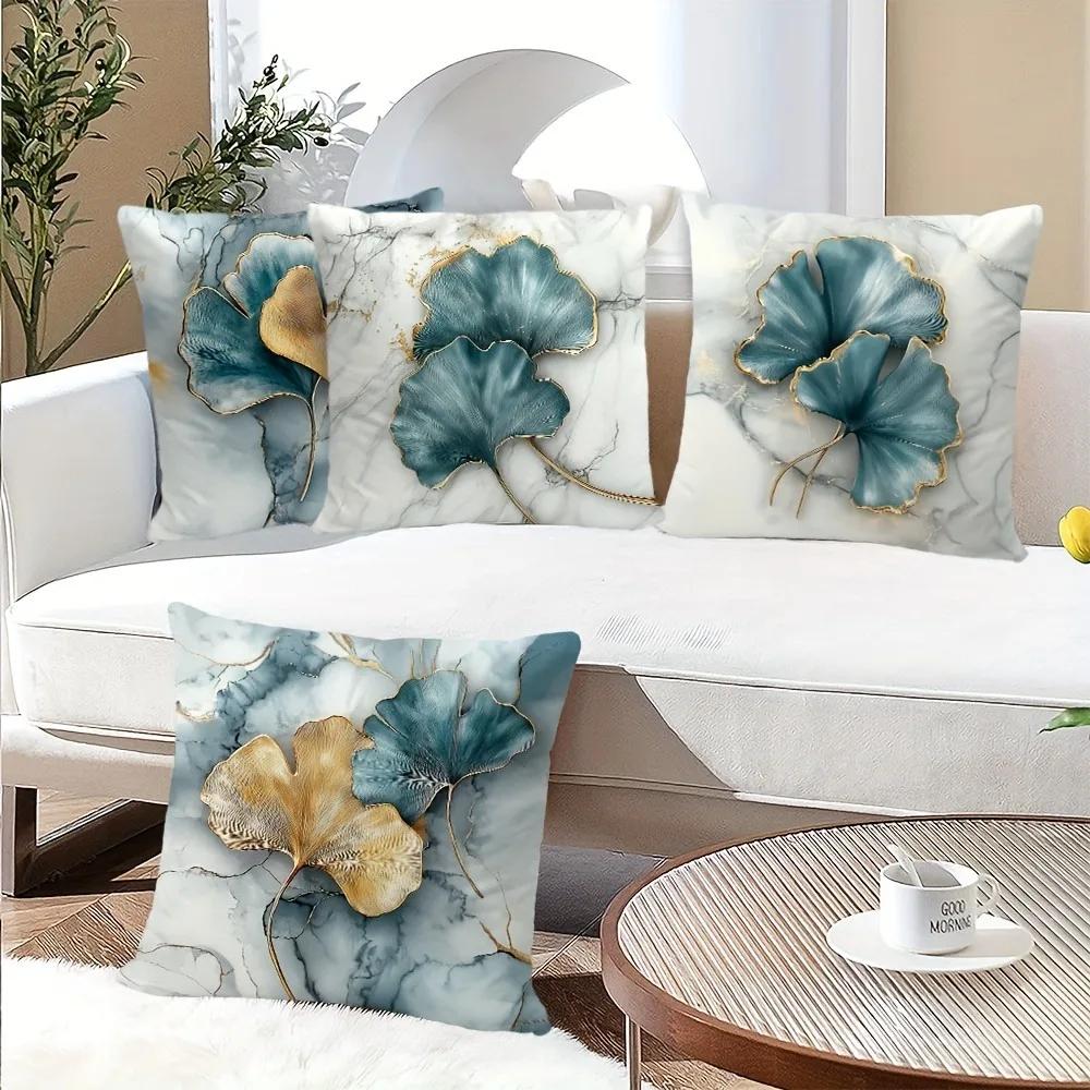 Ginkgo Biloba Gray Marble Texture Printed Pillowcase Living Room Sofa Cushion Cover Home Bedroom Room Decoration