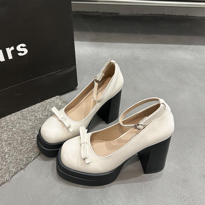 Fashion White Mary Janes High Heels Women Cute Bow Patent Leather Thick Heel Pumps Buckle Strap Lolita Shoes Black Dress Party Shoes