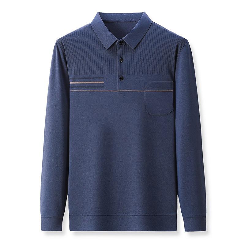 Men Long Sleeve Thin Turn Down Collar Striped Casual Pocket Polo Shirt For Middle Aged Men