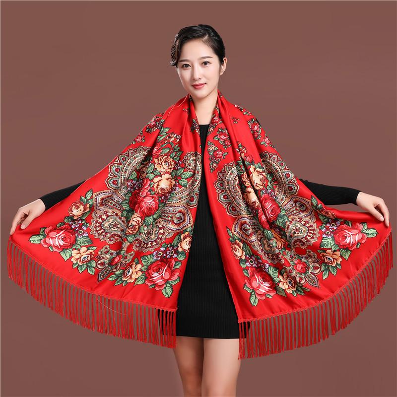 Russian Style Luxury Floral Printed Women Scarf Ethnic Fringed Shawl Babushka Hijab Head Wraps Lady Travel Sunshade Scarves