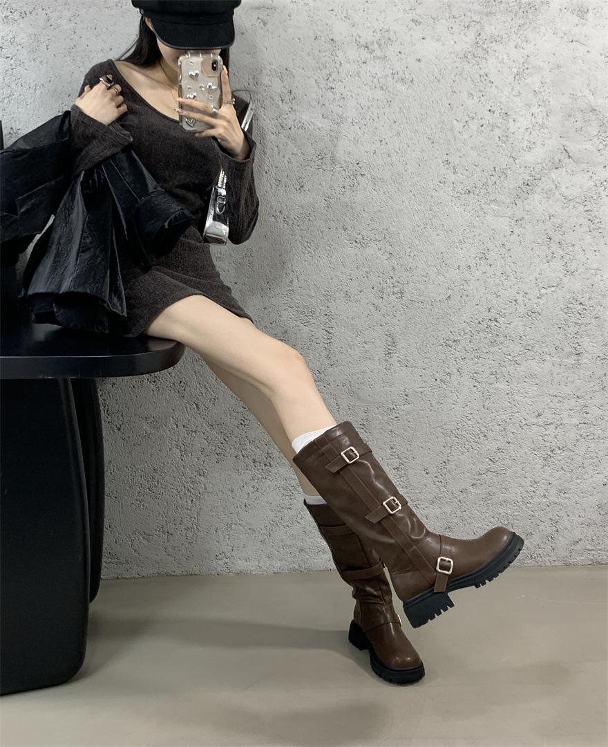 

Ретро ботинки для женщин 2025 новые ботинки вестерн ковбойские рыцарские на платформе для женщин но до колена на толстом каблуке ботинки Мартин для женщин 39 темно-коричневого