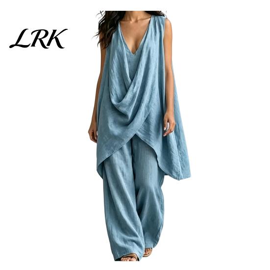 Relaxed Fit Two-piece Outfit 2 Piece Sets for Women, Irregular Hem Casual Sleeveless V Comfortable Women Neck Top And Wide Leg Pants Summer XL небесно-голубой