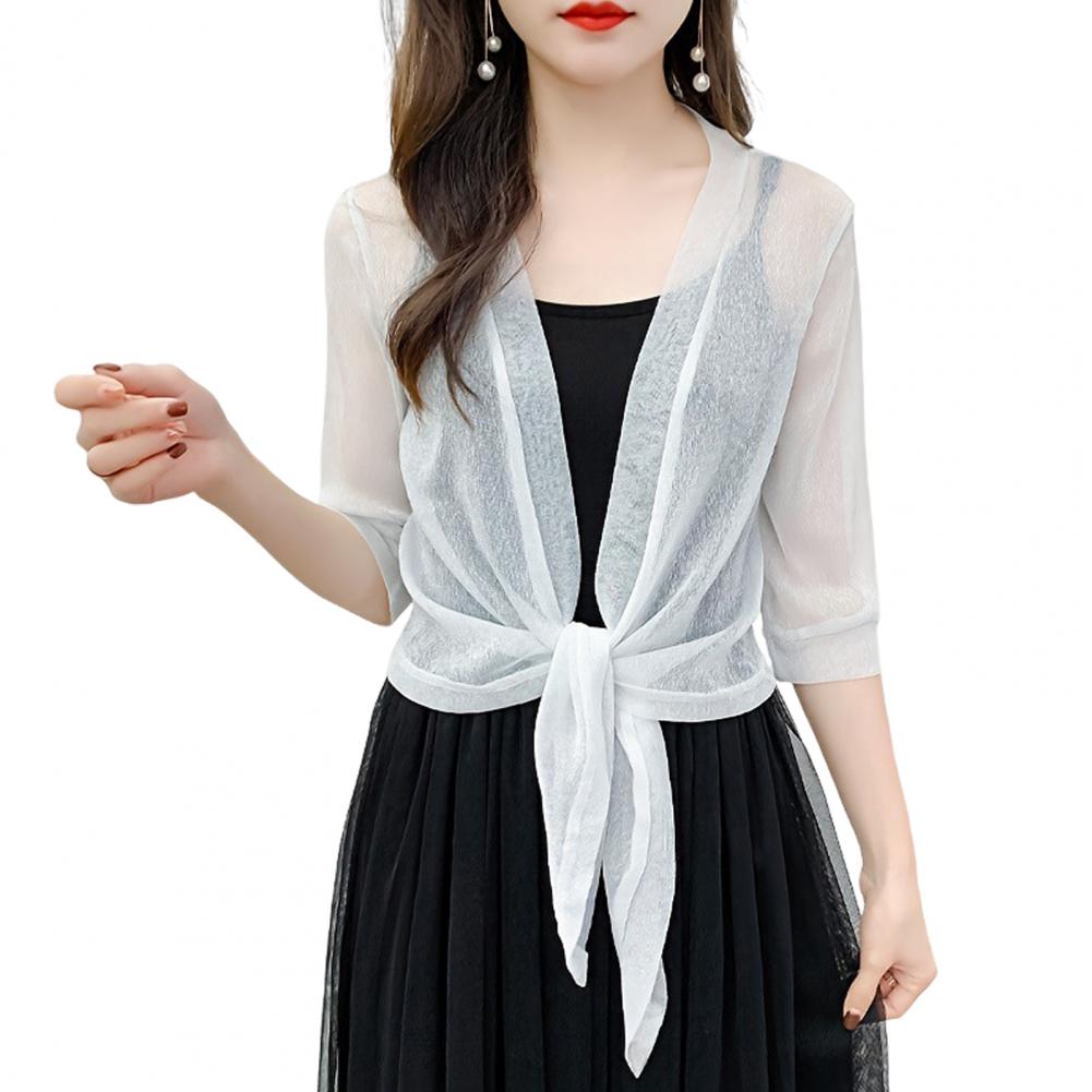 Women Shawl Coat V-neck 3/4 Sleeve Lace-up Thin Coat Solid Color Strappy Design Regular Fit Top Cocktail Party Wear
